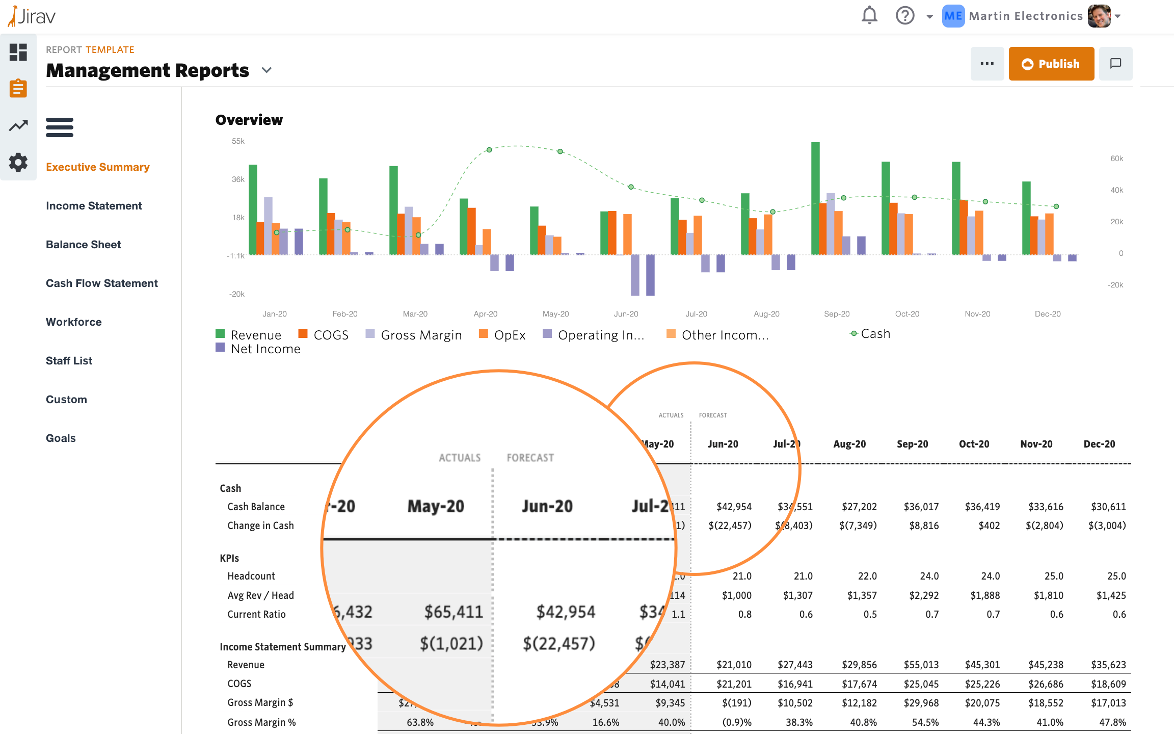 executive summary with actuals forecast magnified